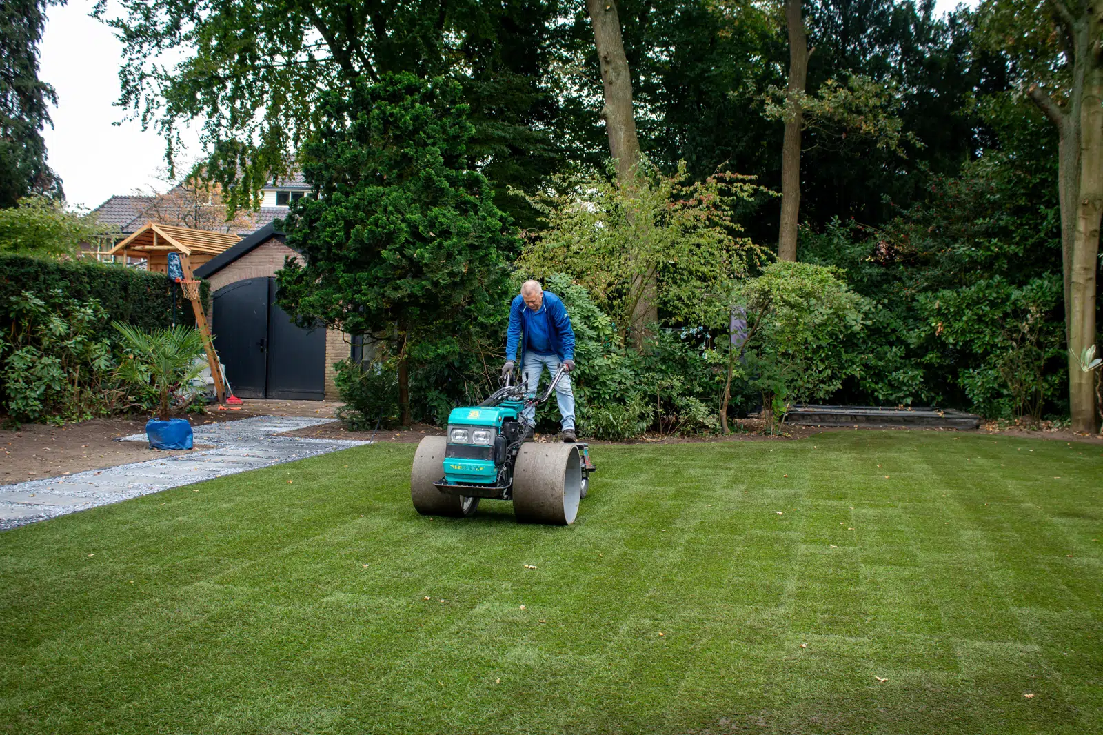 Walsen van pas gelegde graszoden in een bosrijke achtertuin